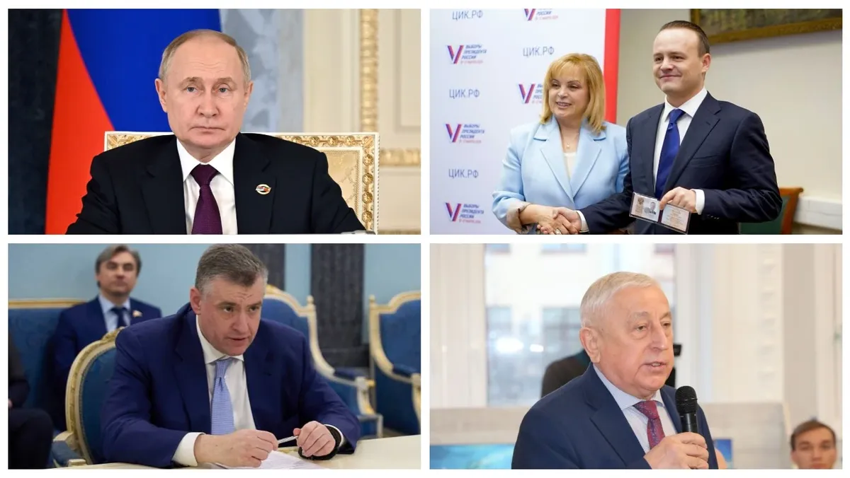 Кандидаты в президенты. Фото: кадры из видео и Telegram | t.me/news_kremlin, t.me/davankov, t.me/slutsky_l и t.me/haritonovkprf