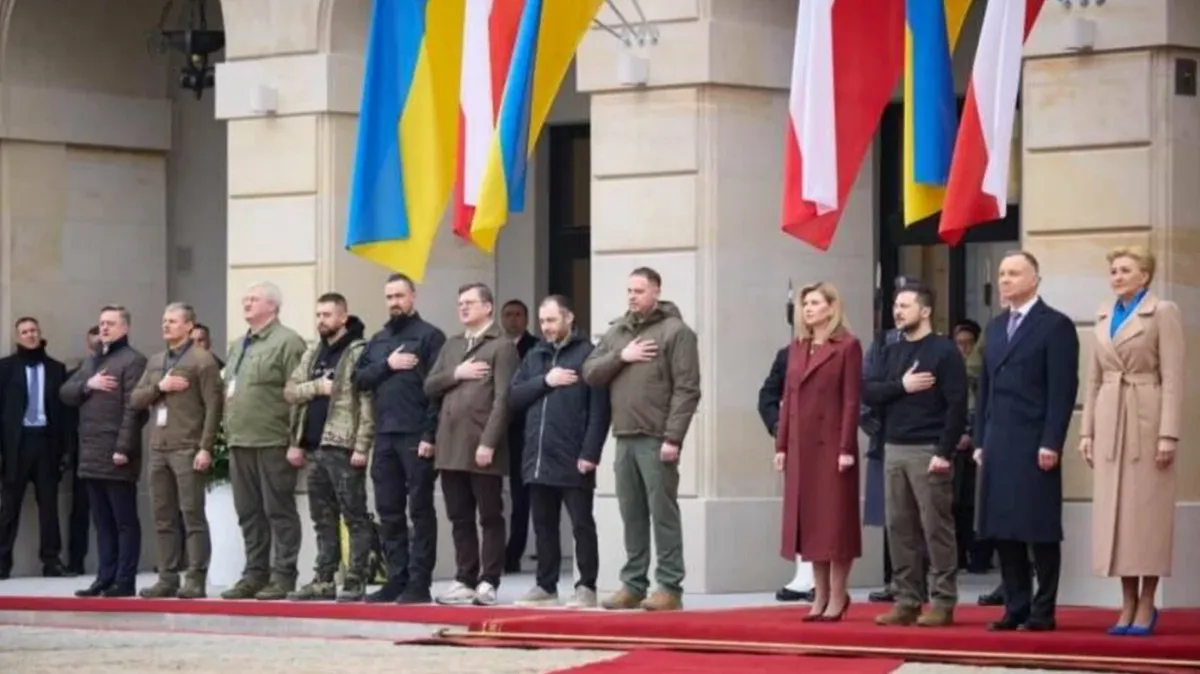 Владимир Зеленский и его жена Елена с делегацией. Фото: пресс-служба президента Украины