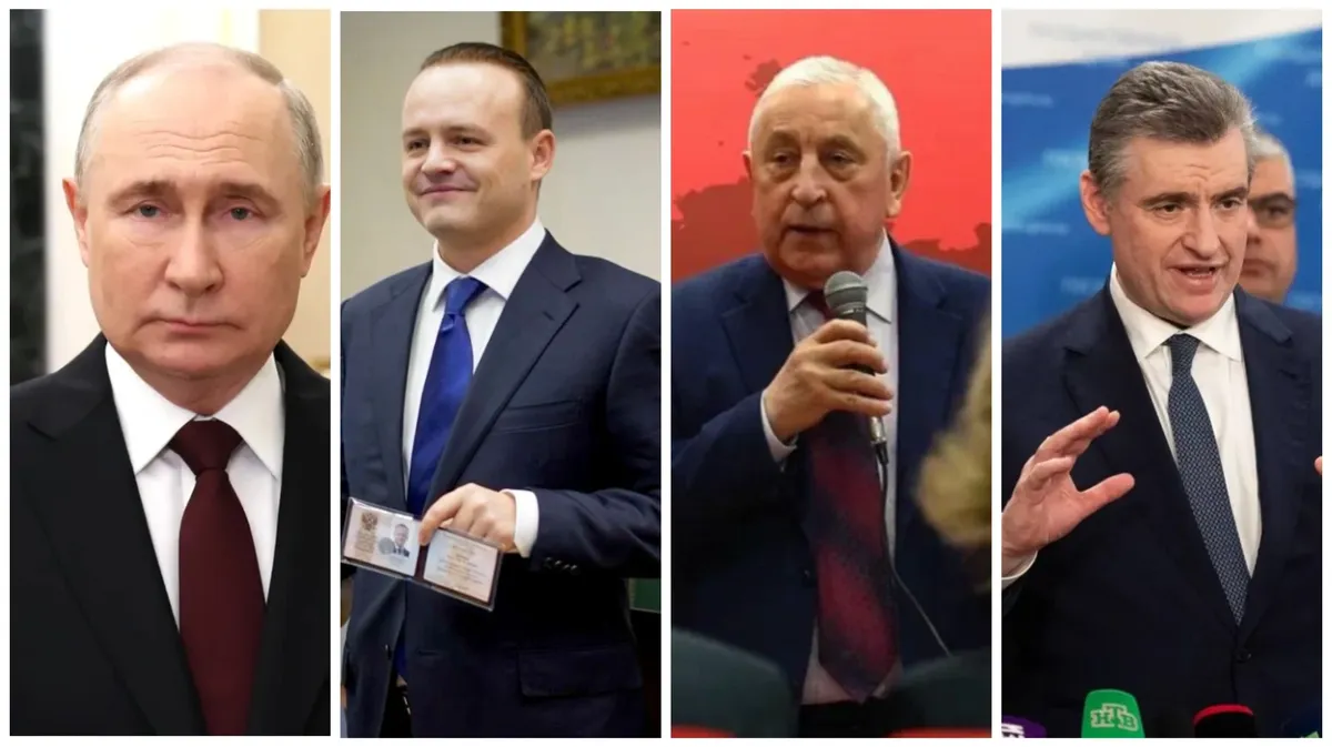 В бюллетенях будут четыре кандидата. Фото: t.me/KremlinRussian/t.me/davankov/ t.me/slutsky_l/t.me/haritonovkprf