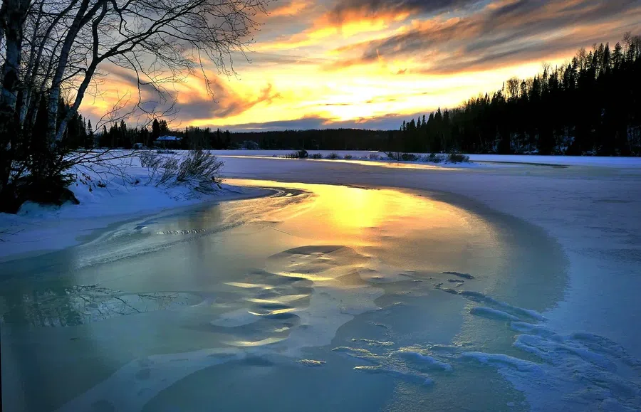 зима, река, лед, солнце