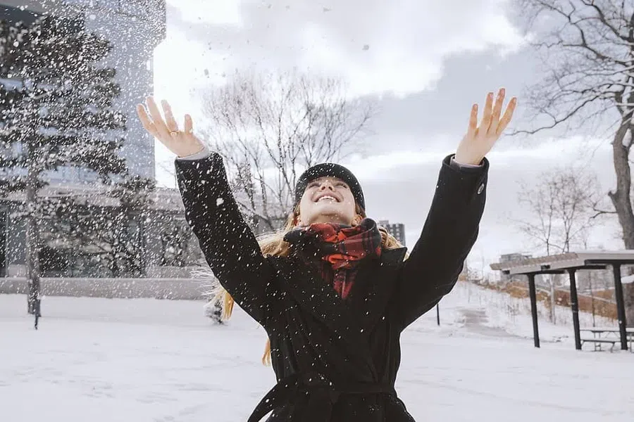 девушка, зима, снег, радость