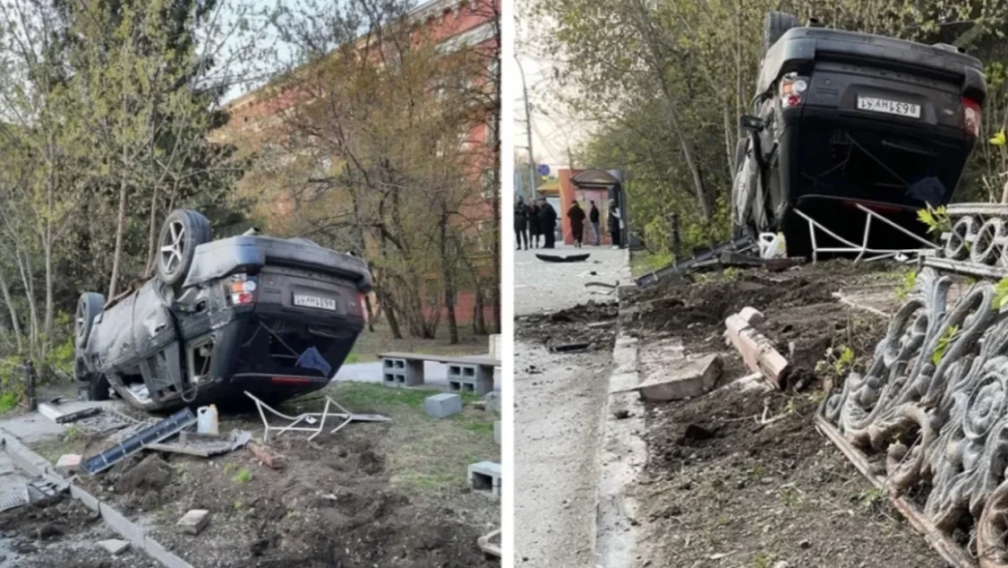 В Новосибирске на Красном проспекте Range Rover протаранил ограждение и перевернулся на крышу