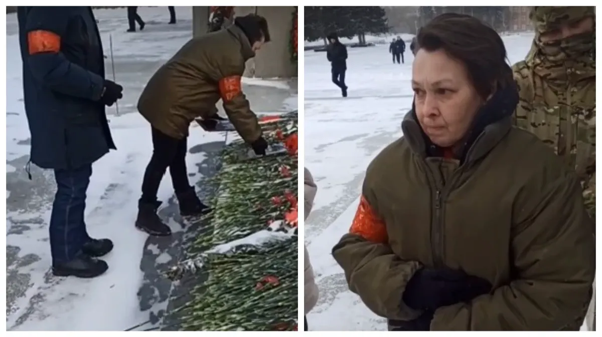В Новосибирске мать мобилизованного на СВО бойца Лидия Некрасова принесла фото погибших на Монумент Славы — полиция снимала на видео