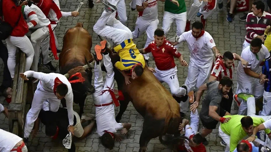 Бегуны падают и получают удары от дерущихся быков во время забега быков на фестивале Сан-Фермин в Памплоне, Испания, понедельник, 11 июля 2022 года. Фото: AP Photo/Alvaro Barrientos