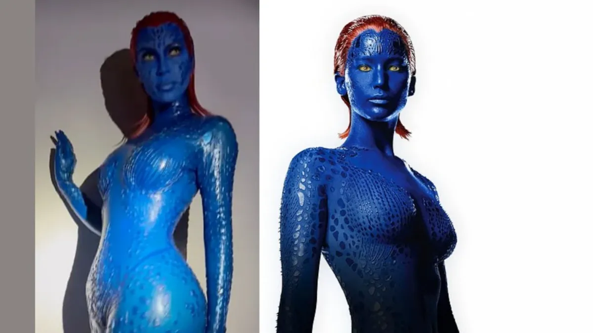 Ким Кардашьян на Хэллоуин нарядилась в синий латексный костюм, как Мистик из Людей Икс – и лицо красотки тоже стало синим